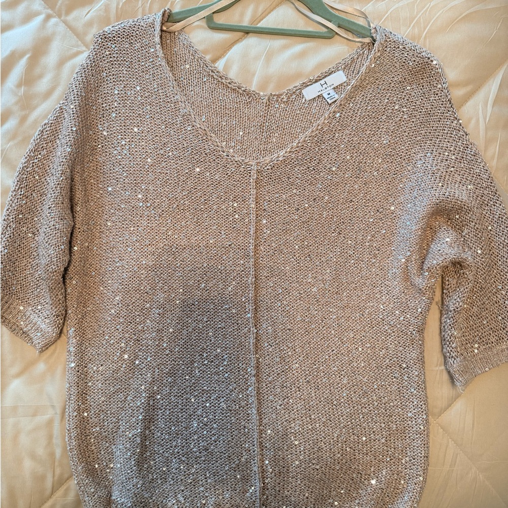 Halston Sequin Knit Sweater Taupe Size M